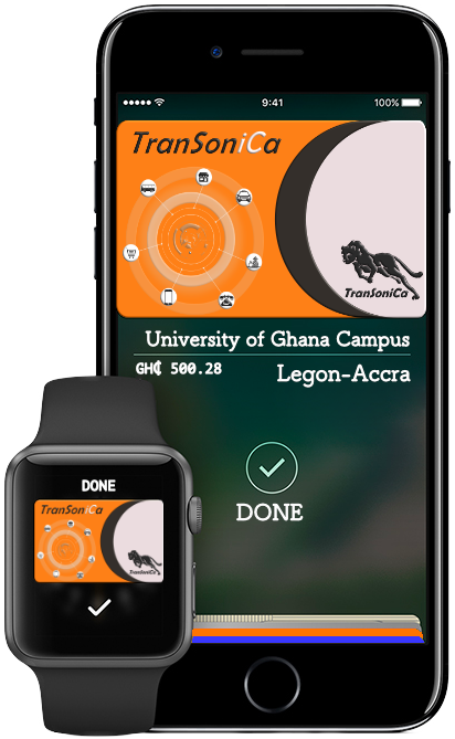 TranSoniCa payment confirmation on a phone and watch